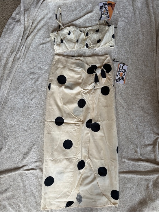 Future Collective Dresses & Skirts - Cream Polka Dot Crop Top and Midi Skirt
